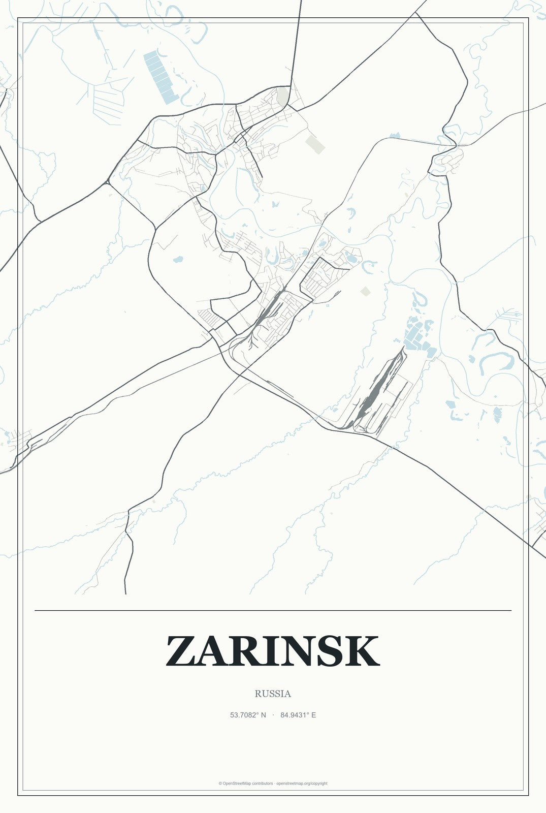 Zarinsk, Russia City Map Aluminum Sign in Gallery Air style