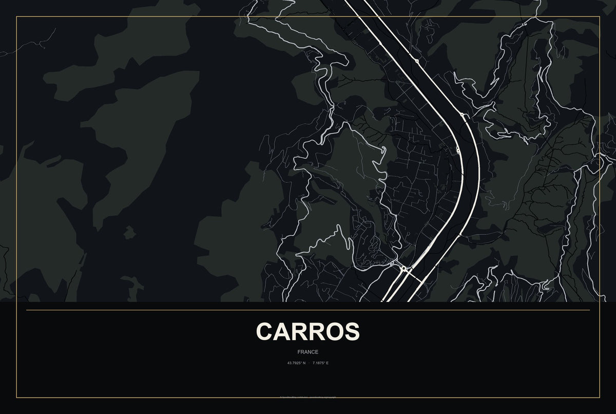 Carros, France City Map Aluminum Sign in Metropolitan Noir style