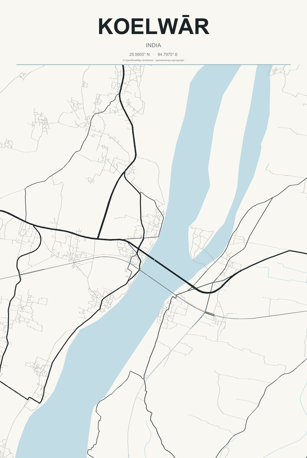 Koelwār, India City Map Aluminum Sign in Headline Atlas style