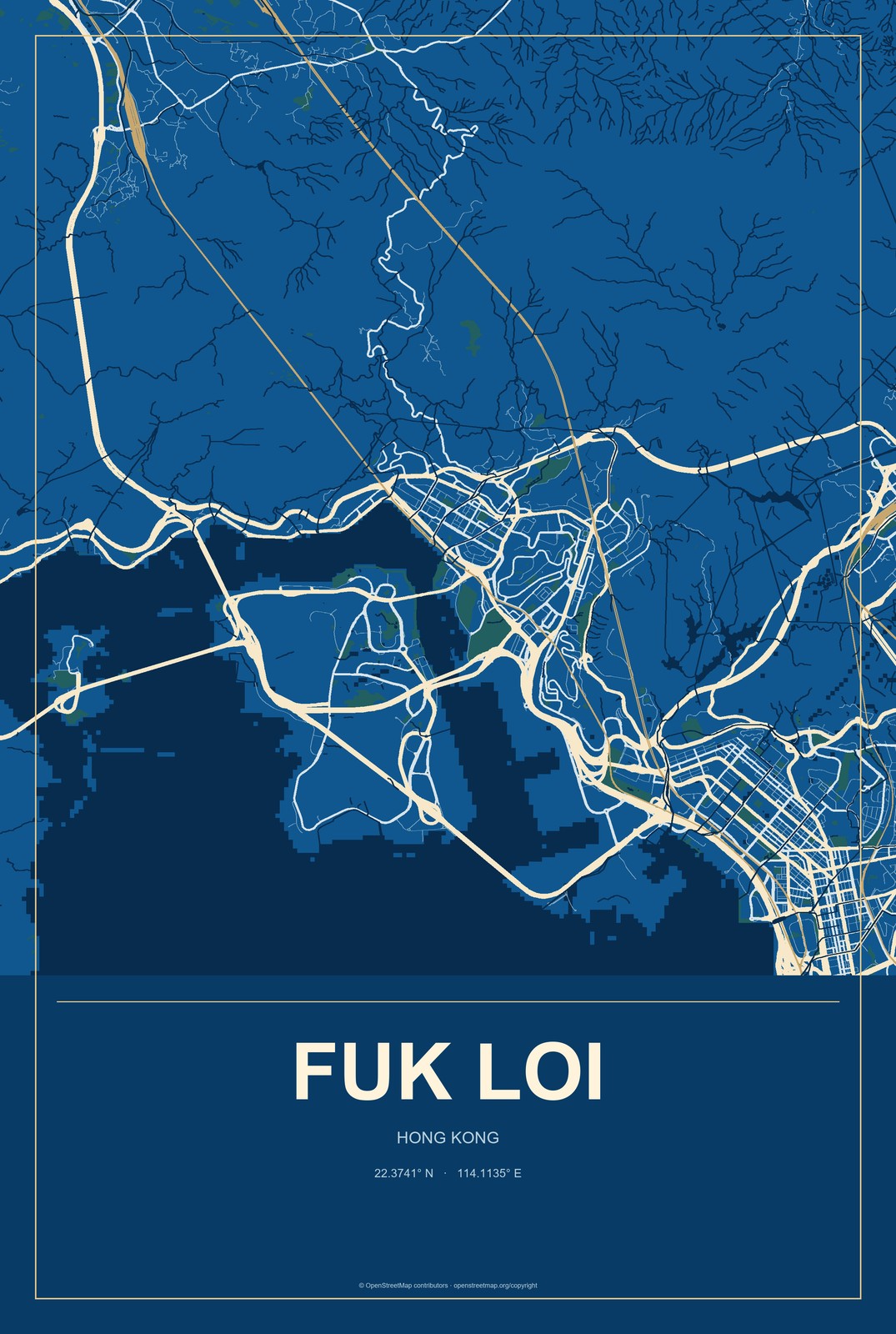 Fuk Loi, Hong Kong City Map Aluminum Sign in Harbor Cobalt style