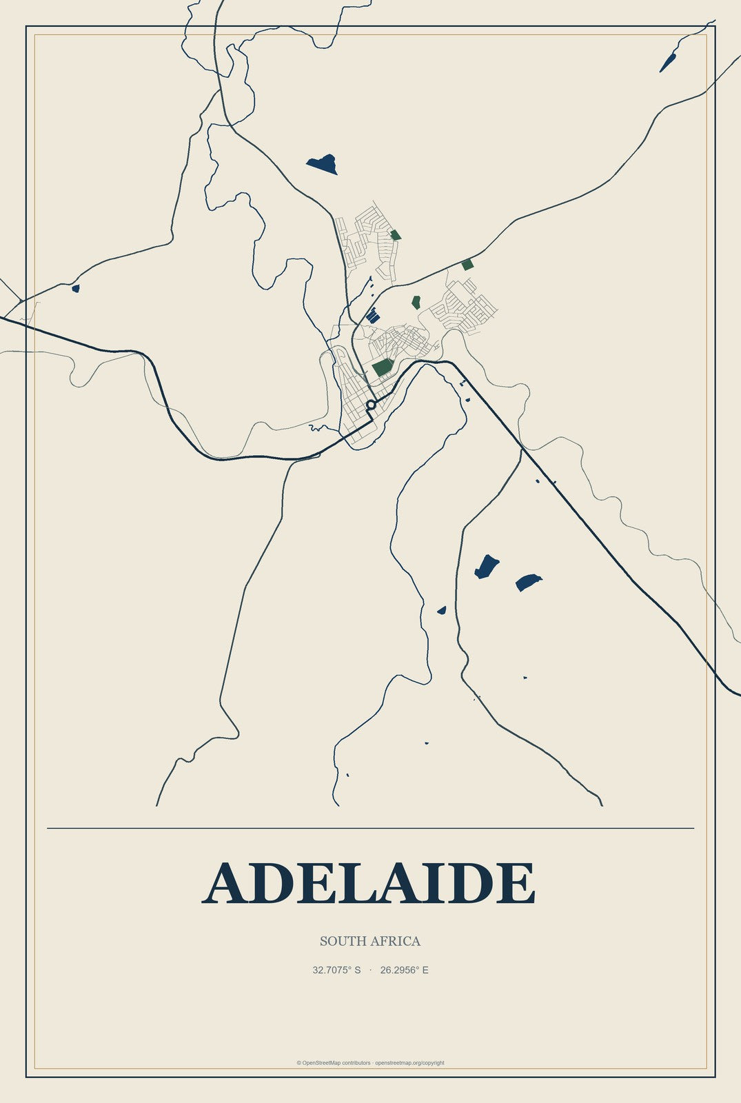 Adelaide, South Africa City Map Aluminum Sign in Coastal Cutout style