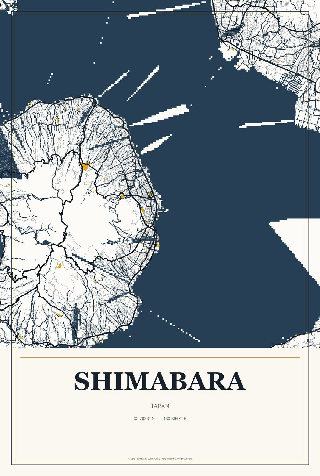 Shimabara, Japan City Map Aluminum Sign in Citrine Modern style