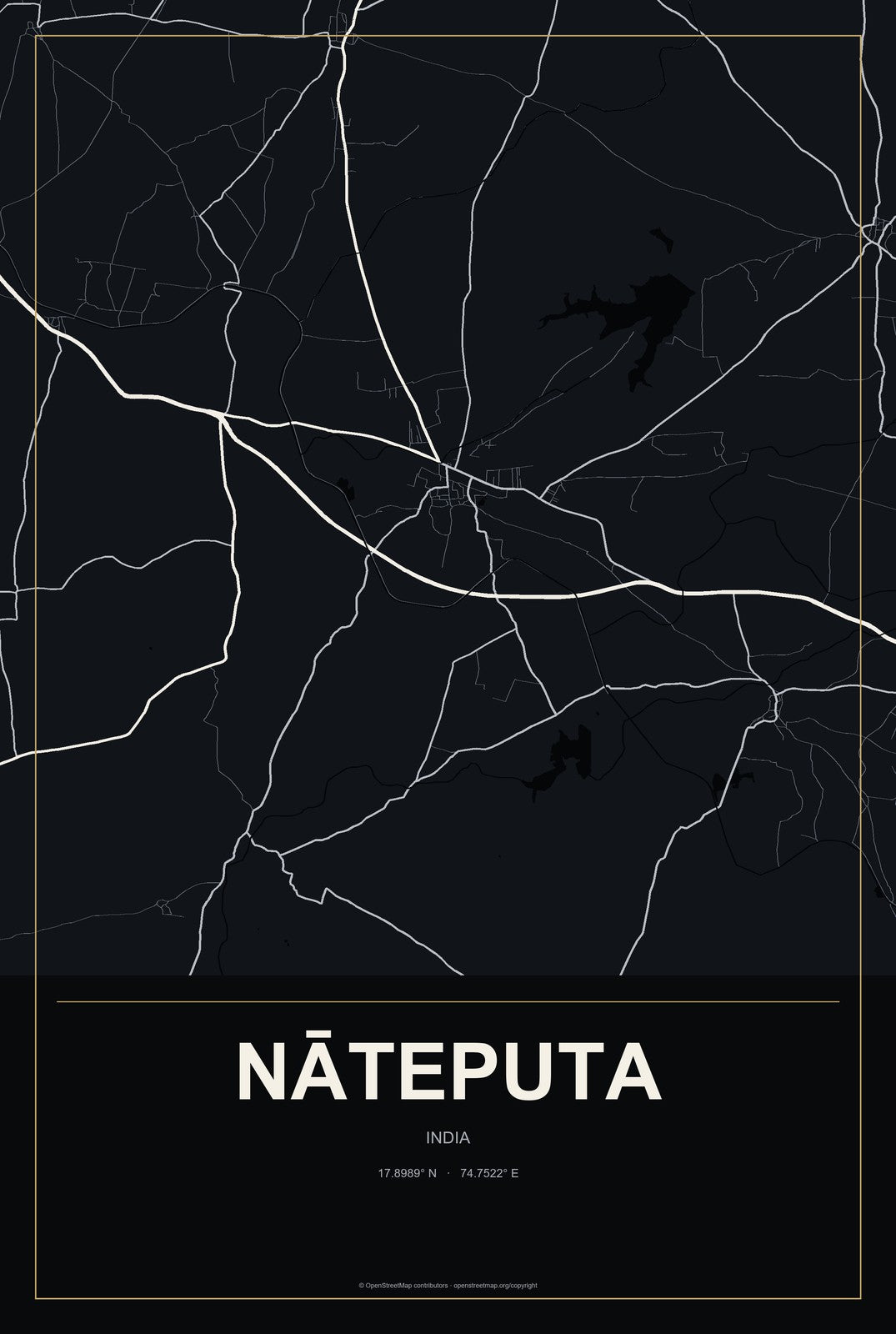 Nāteputa, India City Map Aluminum Sign in Metropolitan Noir style