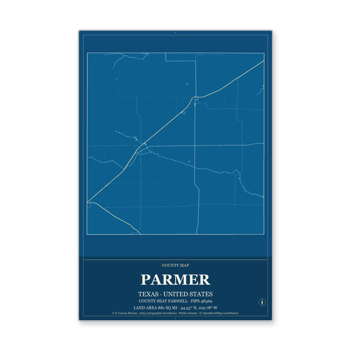 Parmer County, Texas Map Aluminum Sign in Harbor Cobalt style