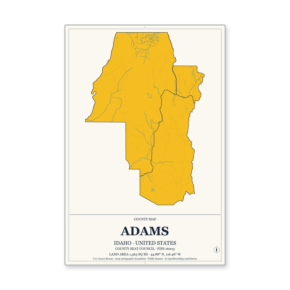 Adams County, Idaho Map Aluminum Sign in Citrine Modern style