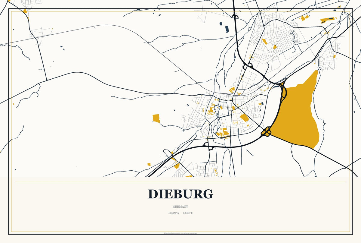Dieburg, Germany City Map Aluminum Sign in Citrine Modern style