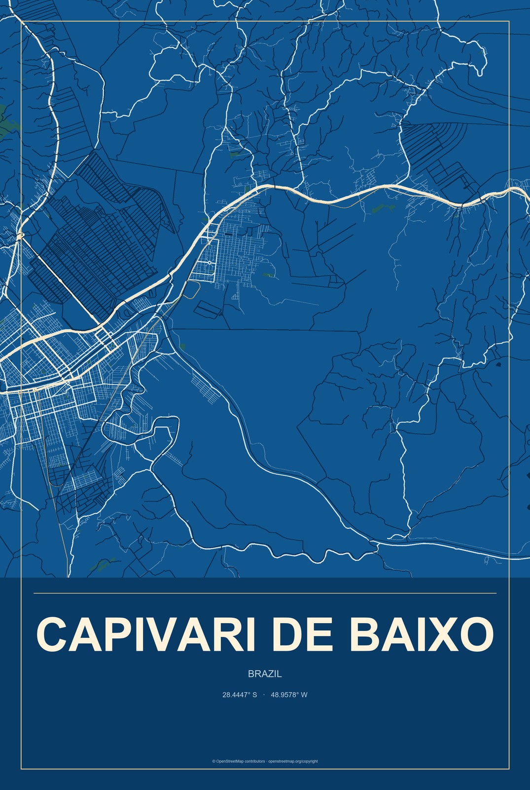 Capivari de Baixo, Brazil City Map Aluminum Sign in Harbor Cobalt style