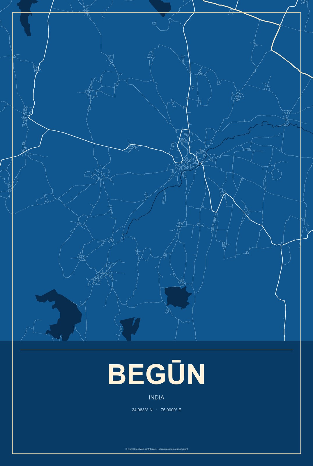 Begūn, India City Map Aluminum Sign in Harbor Cobalt style