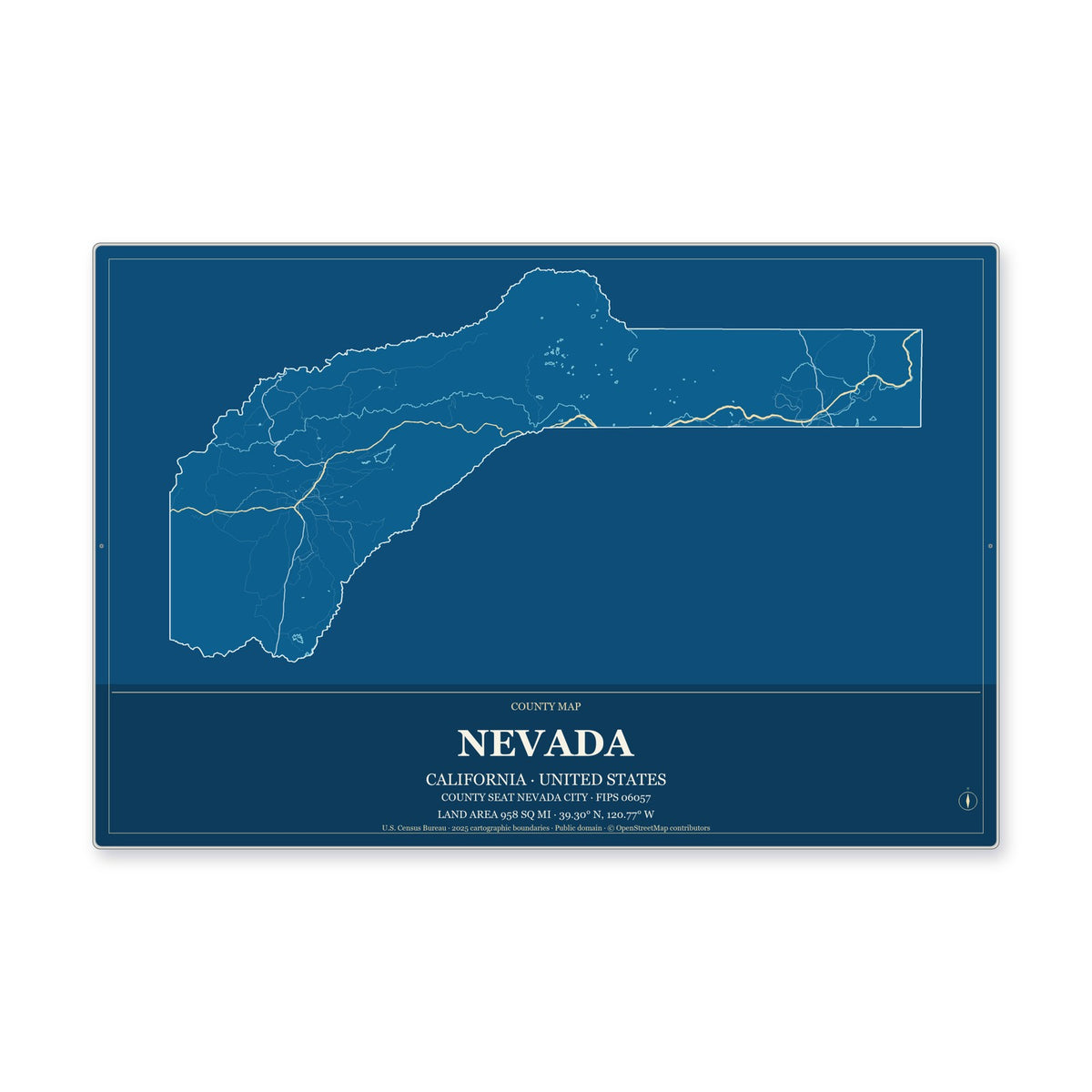 Nevada County, California Map Aluminum Sign in Harbor Cobalt style