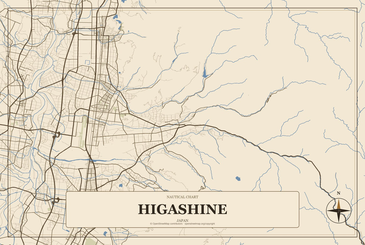 Higashine, Japan City Map Aluminum Sign in Heritage Nautical style