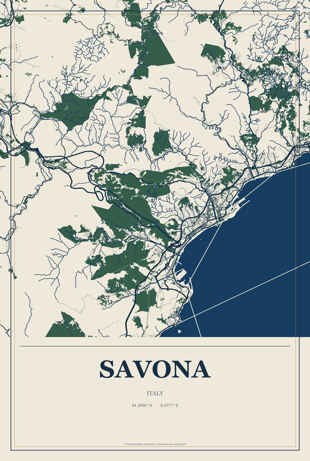 Savona, Italy City Map Aluminum Sign in Coastal Cutout style