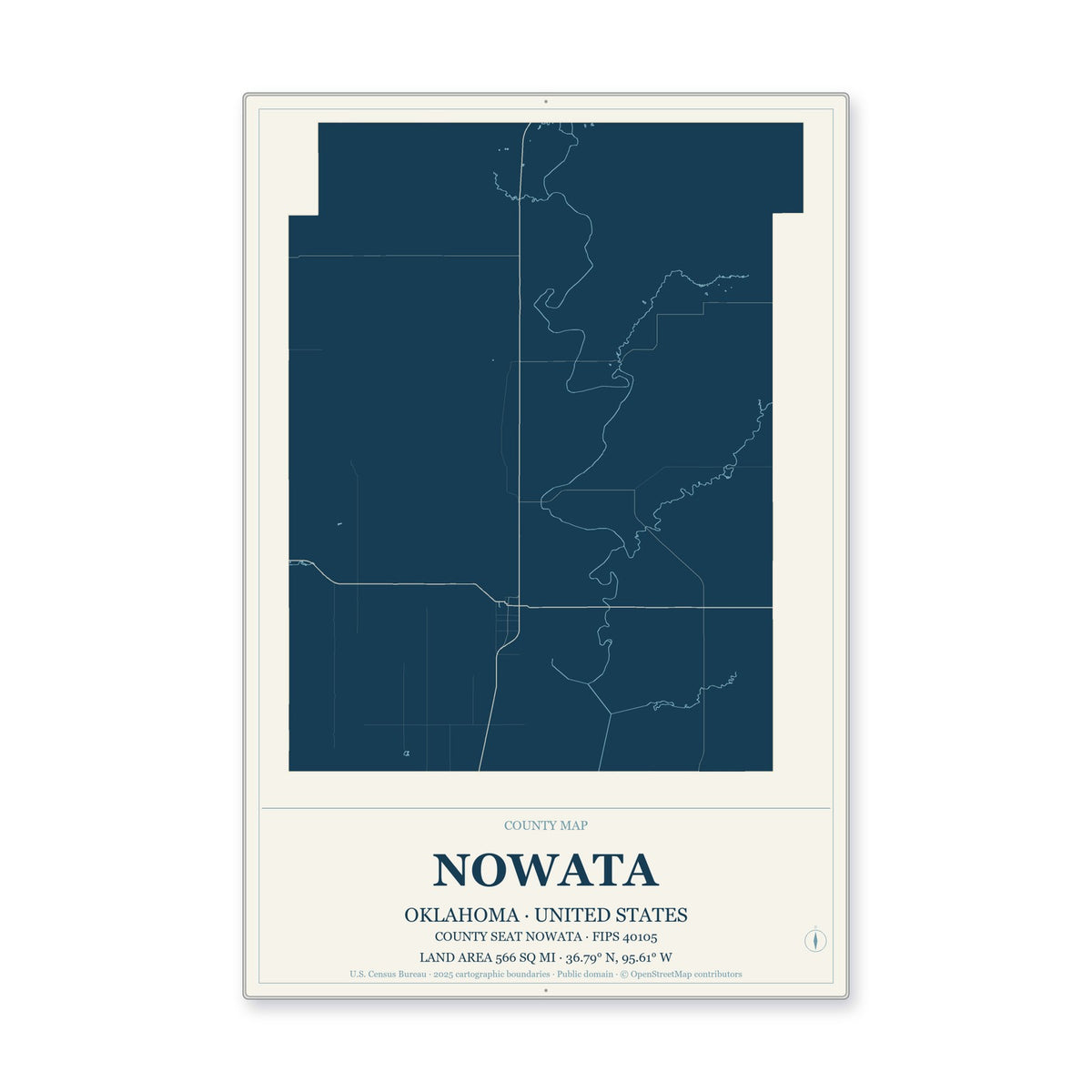 Nowata County, Oklahoma Map Aluminum Sign in Coastal Cutout style