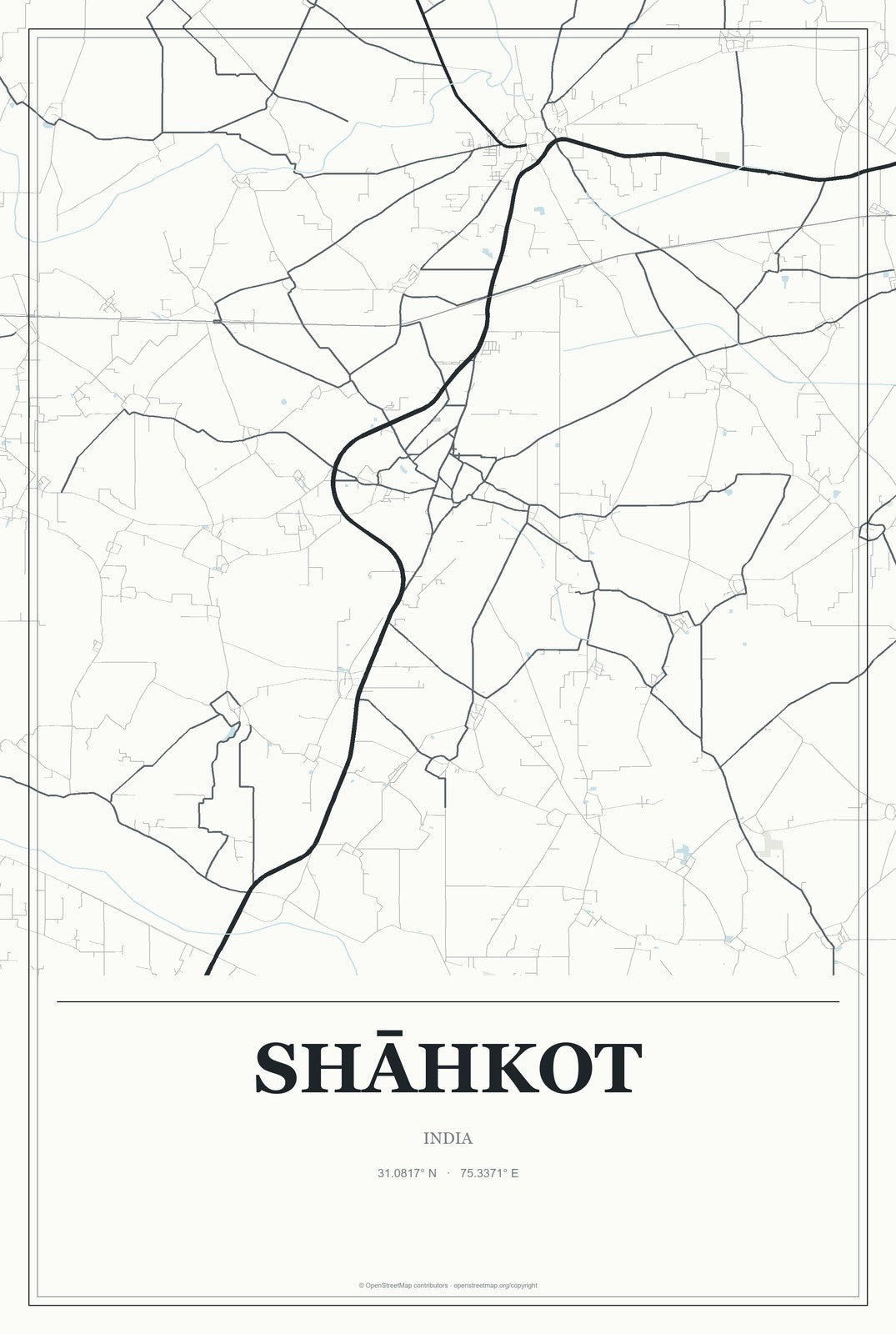 Shāhkot, India City Map Aluminum Sign in Gallery Air style