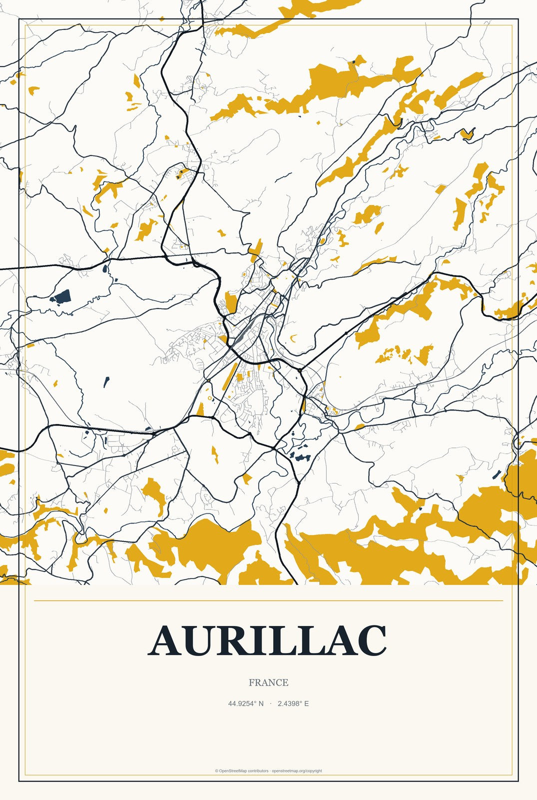 Aurillac, France City Map Aluminum Sign in Citrine Modern style
