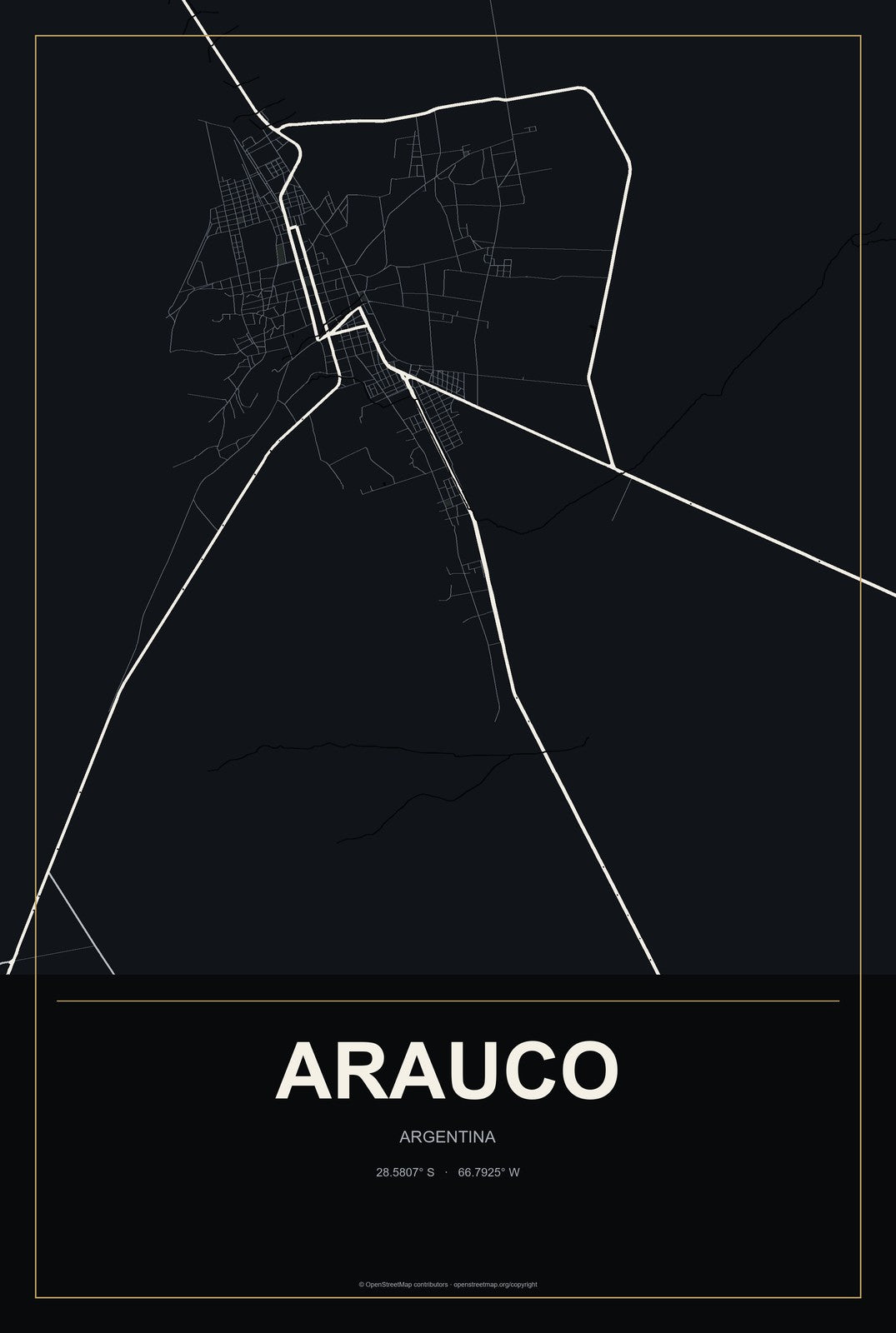 Arauco, Argentina City Map Aluminum Sign in Metropolitan Noir style