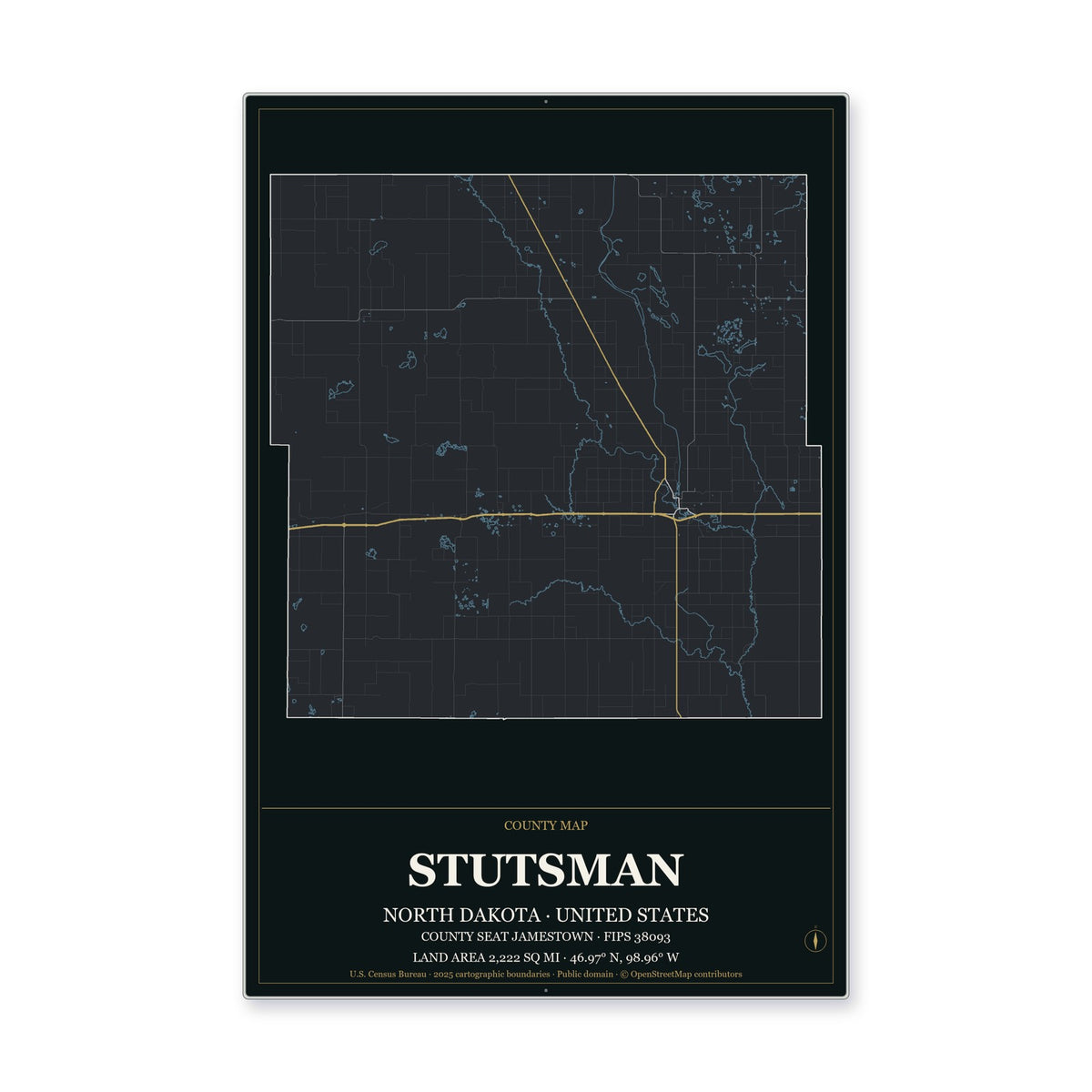 Stutsman County, North Dakota Map Aluminum Sign in Metropolitan Noir style