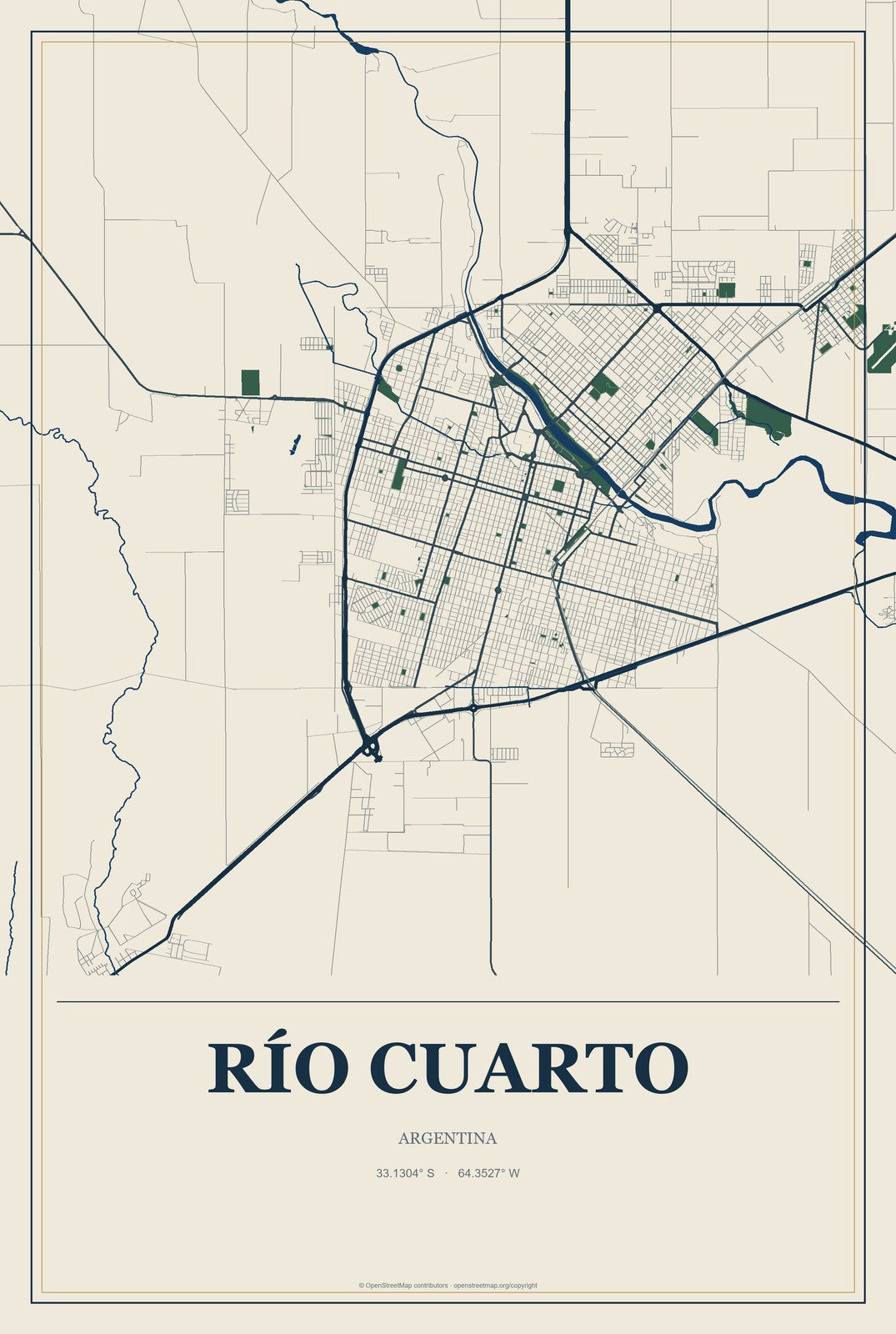 Río Cuarto, Argentina City Map Aluminum Sign in Coastal Cutout style