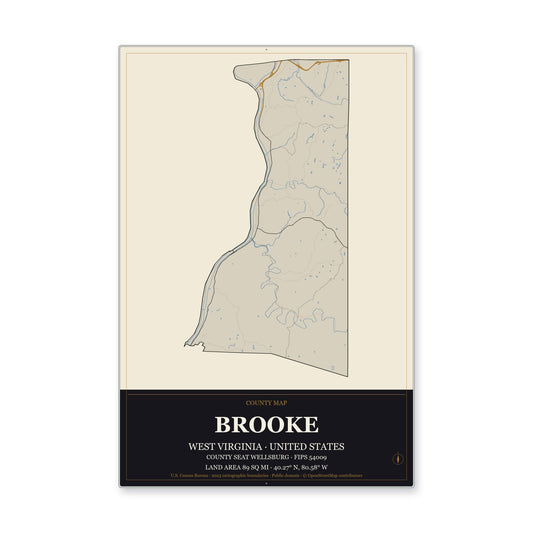 Brooke County, West Virginia Map Aluminum Sign in Museum Plaque style