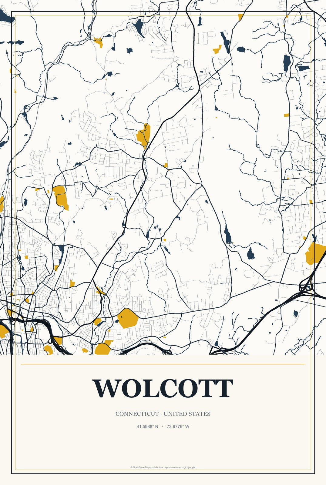 Wolcott, Connecticut City Map Aluminum Sign in Citrine Modern style