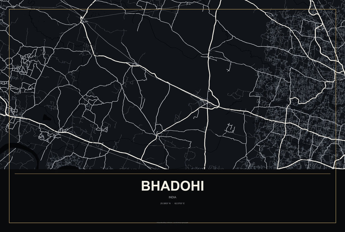 Bhadohi, India City Map Aluminum Sign in Metropolitan Noir style