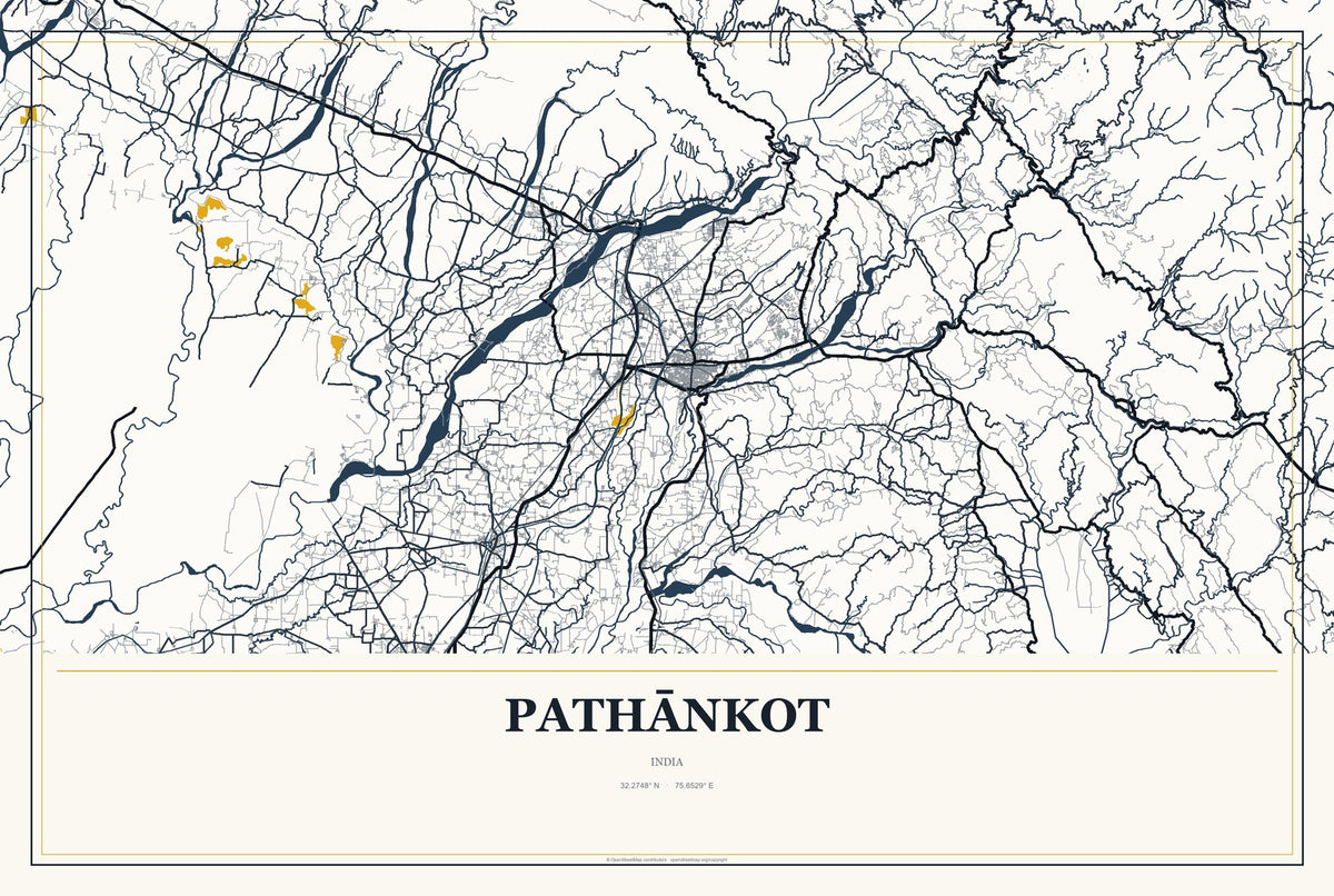 Pathānkot, India City Map Aluminum Sign in Citrine Modern style