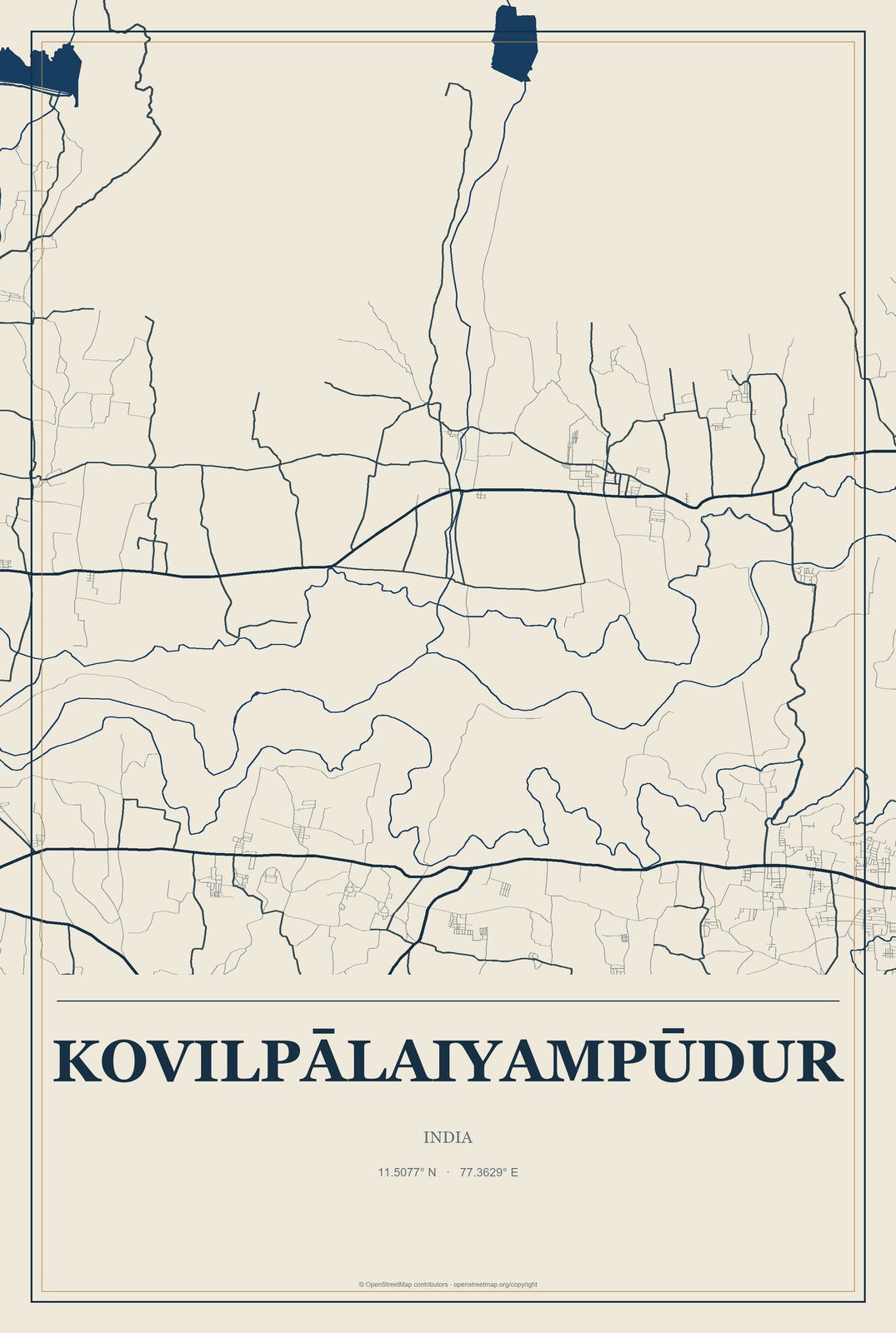 Kovilpālaiyampūdur, India City Map Aluminum Sign in Coastal Cutout style