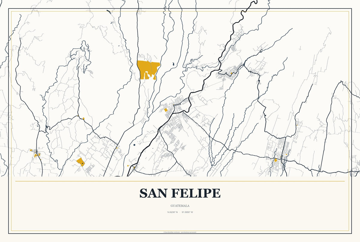 San Felipe, Guatemala City Map Aluminum Sign in Citrine Modern style