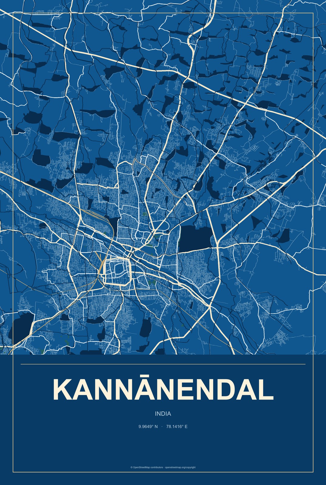 Kannānendal, India City Map Aluminum Sign in Harbor Cobalt style