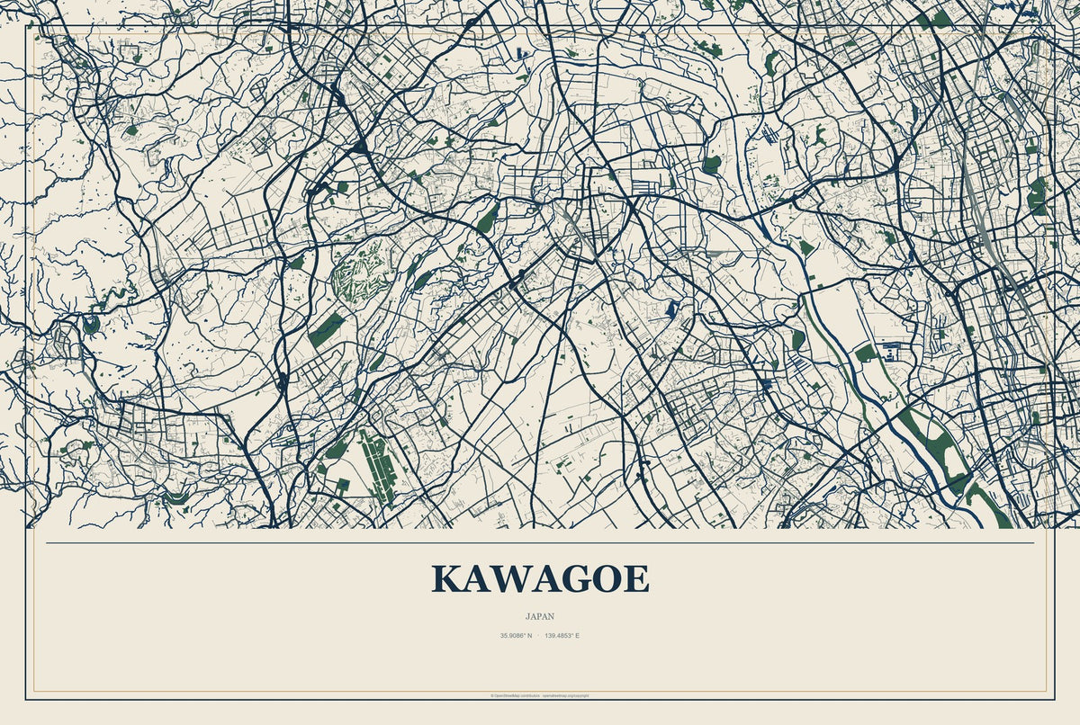 Kawagoe, Japan City Map Aluminum Sign in Coastal Cutout style