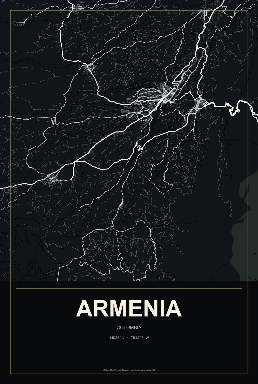 Armenia, Colombia City Map Aluminum Sign in Metropolitan Noir style