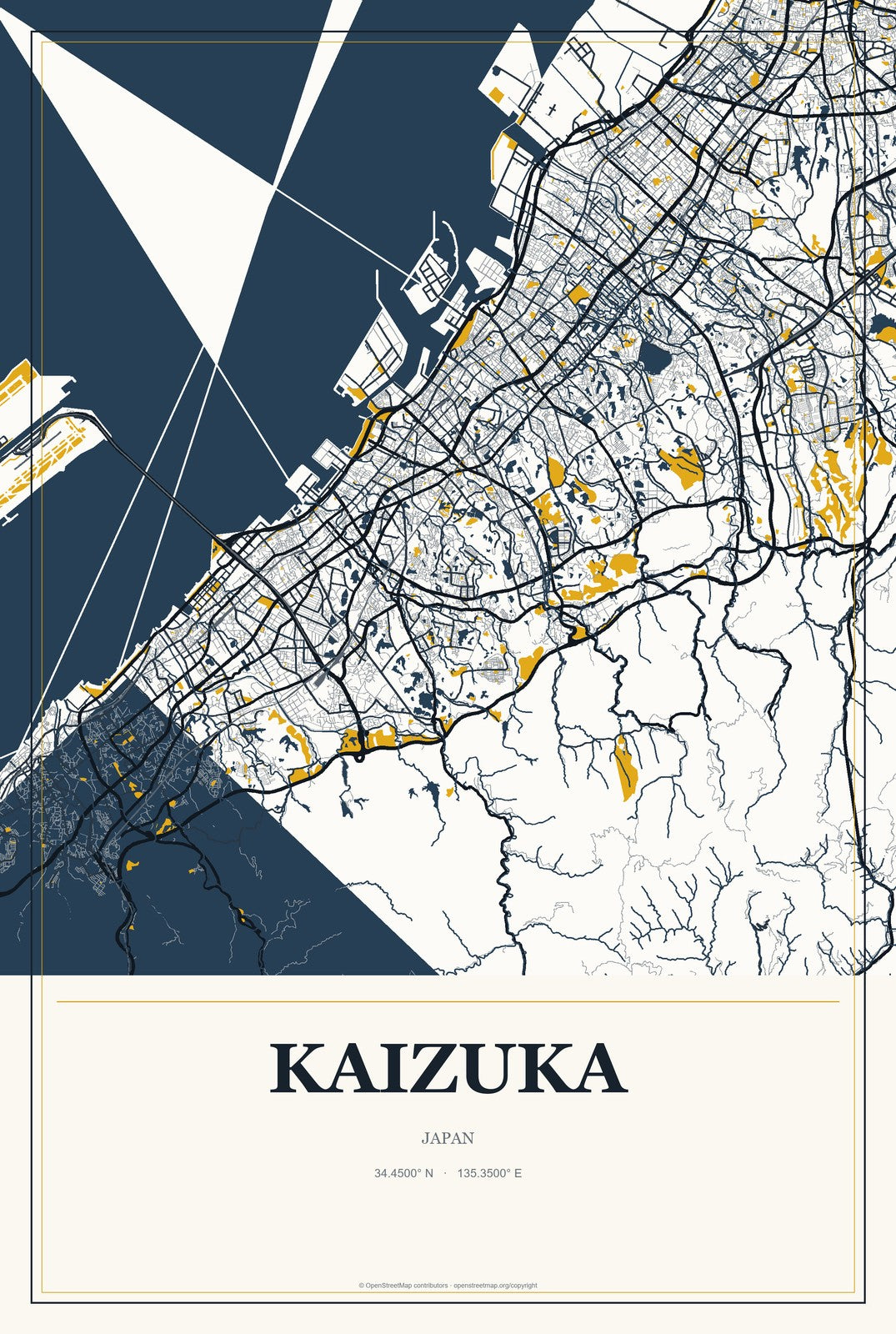 Kaizuka, Japan City Map Aluminum Sign in Citrine Modern style