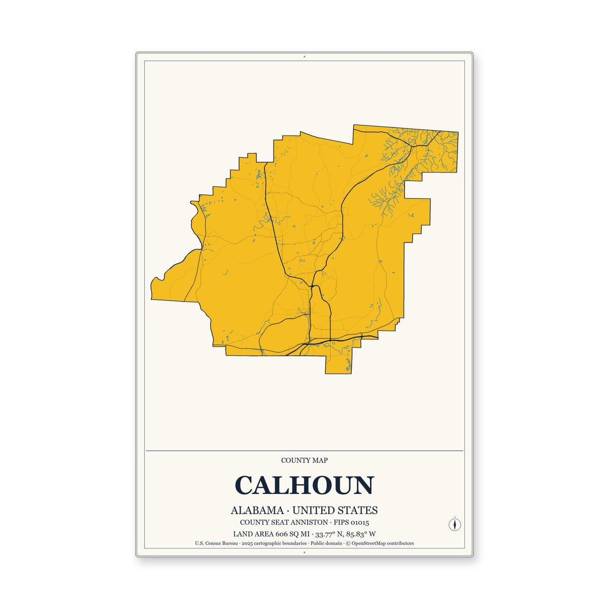 Calhoun County, Alabama Map Aluminum Sign in Citrine Modern style