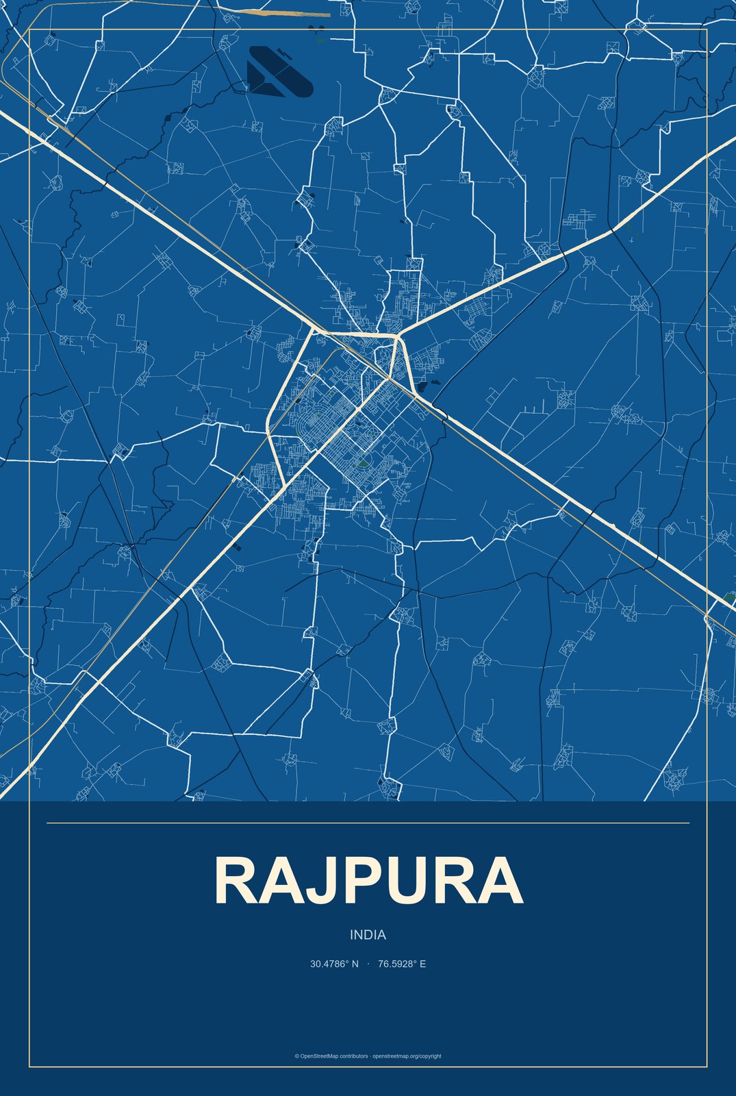 Rajpura, India City Map Aluminum Sign in Harbor Cobalt style