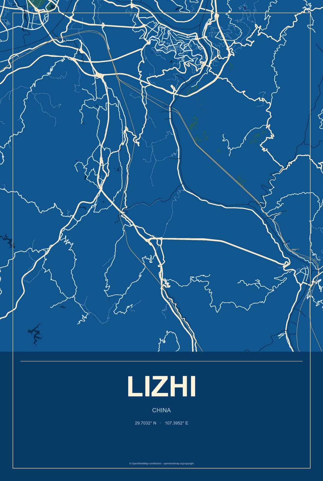 Lizhi, China City Map Aluminum Sign in Harbor Cobalt style