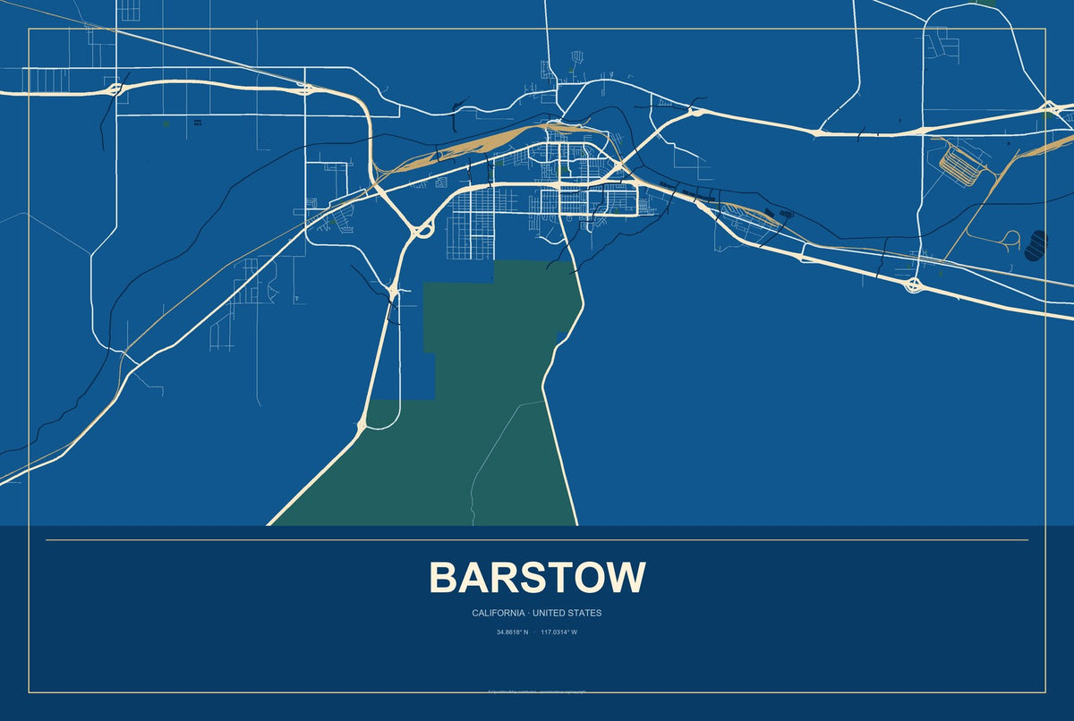 Barstow, California City Map Aluminum Sign in Harbor Cobalt style