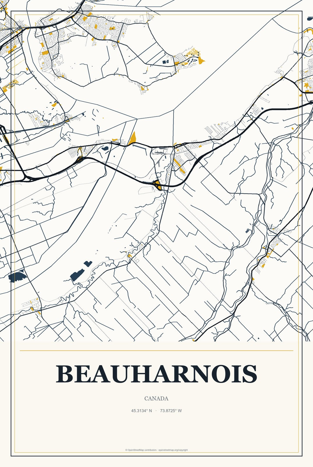 Beauharnois, Canada City Map Aluminum Sign in Citrine Modern style