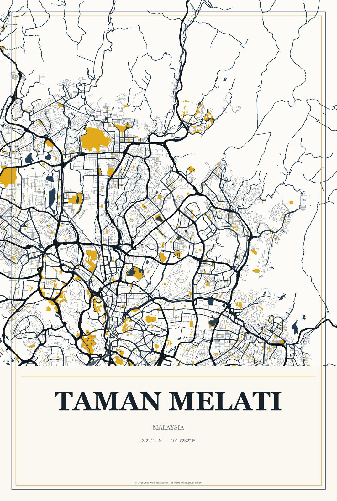 Taman Melati, Malaysia City Map Aluminum Sign in Citrine Modern style