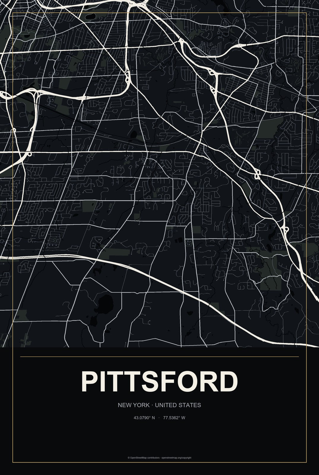 Pittsford, New York City Map Aluminum Sign in Metropolitan Noir style