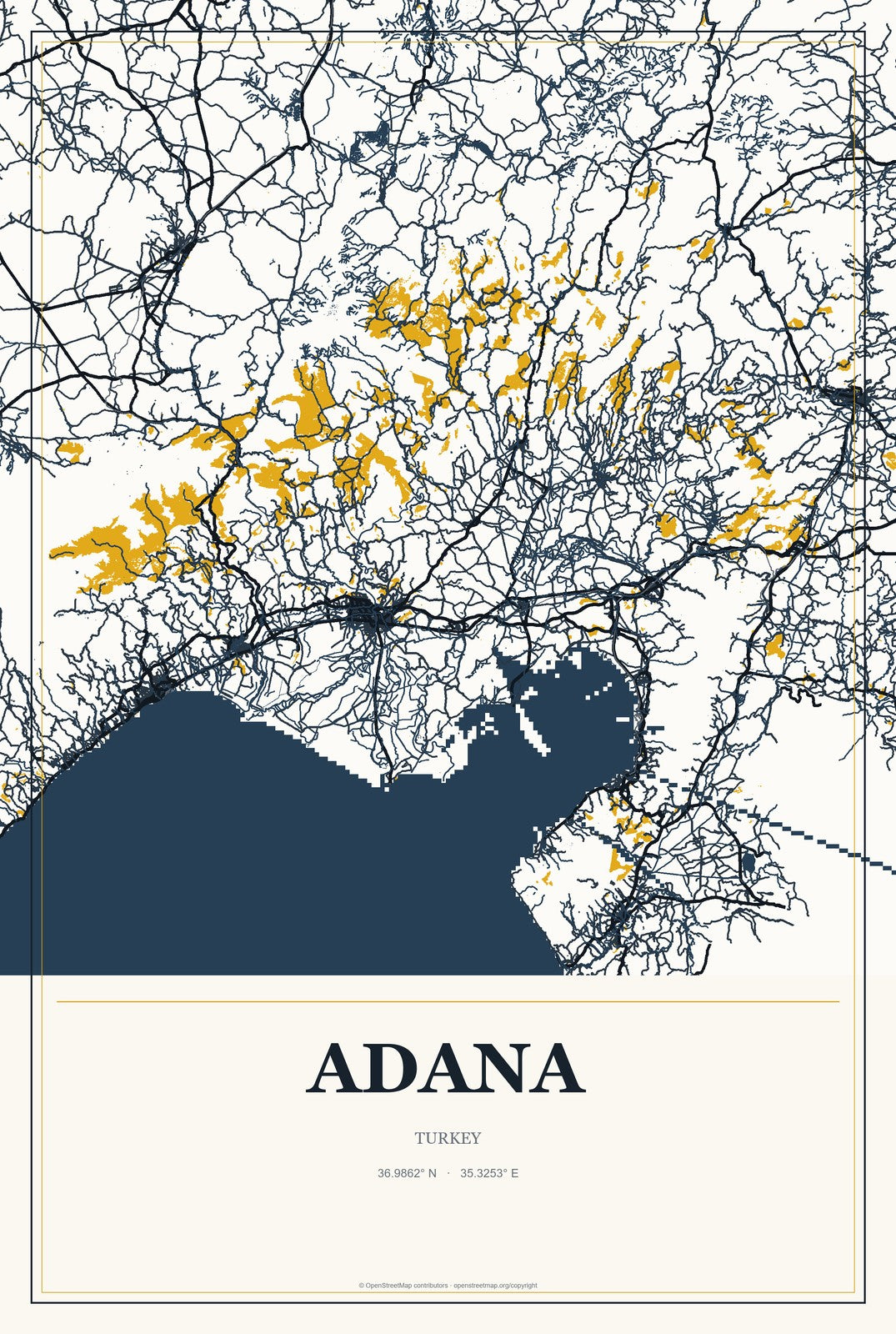 Adana, Turkey City Map Aluminum Sign in Citrine Modern style