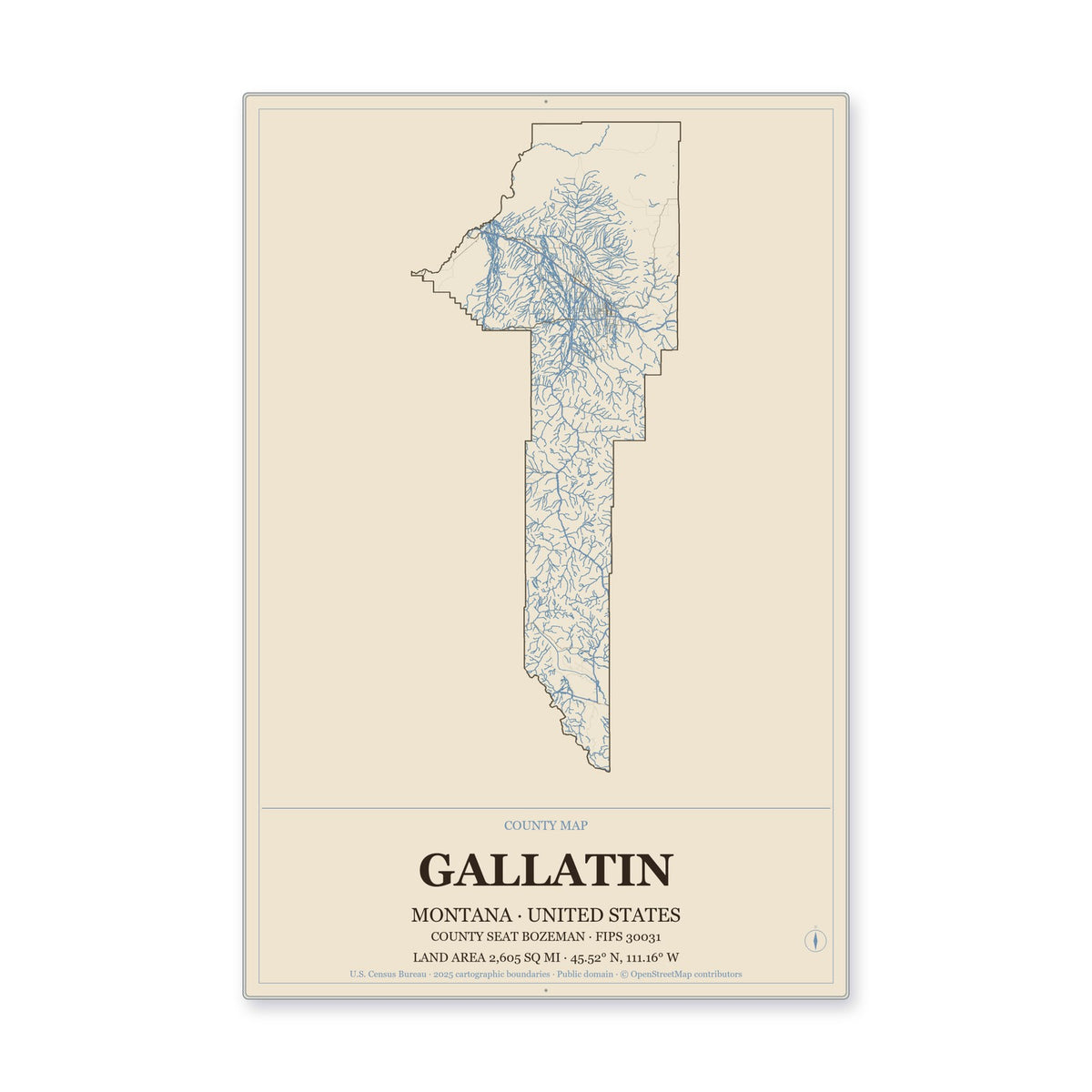 Gallatin County, Montana Map Aluminum Sign in Heritage Nautical style