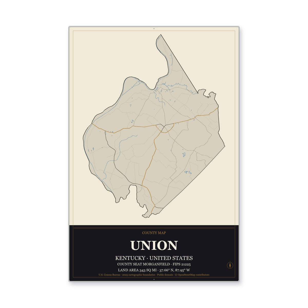 Union County, Kentucky Map Aluminum Sign in Museum Plaque style