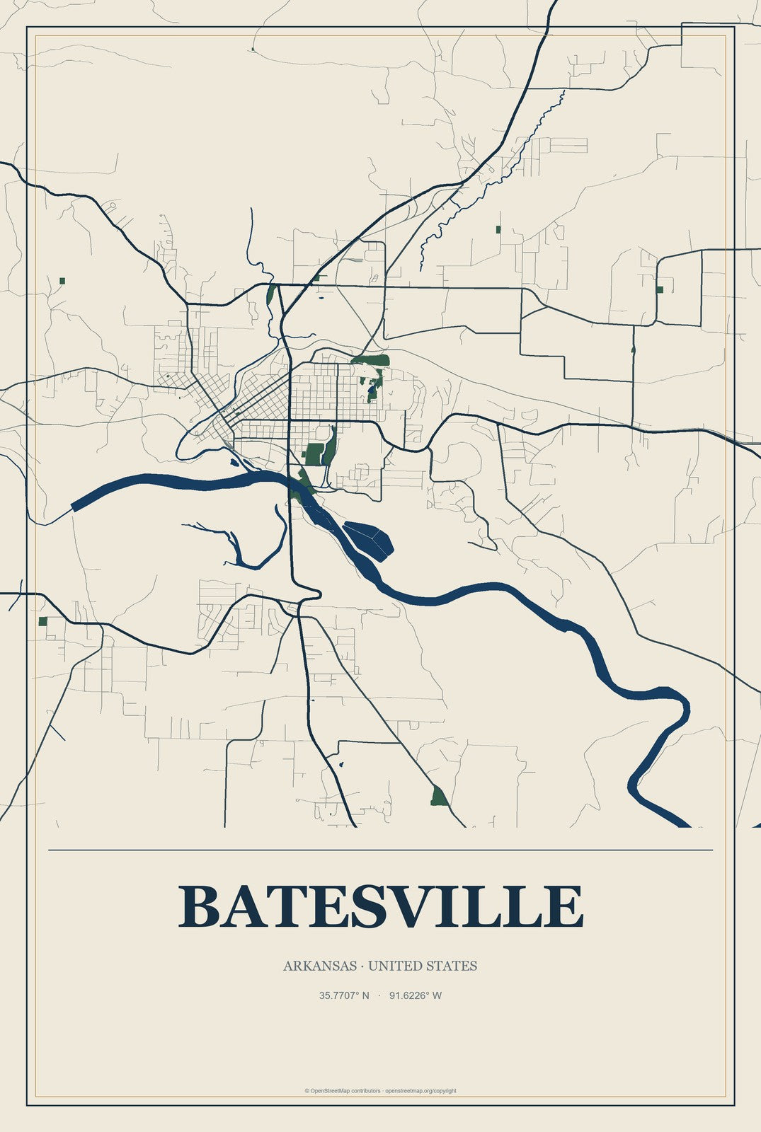 Batesville, Arkansas City Map Aluminum Sign in Coastal Cutout style