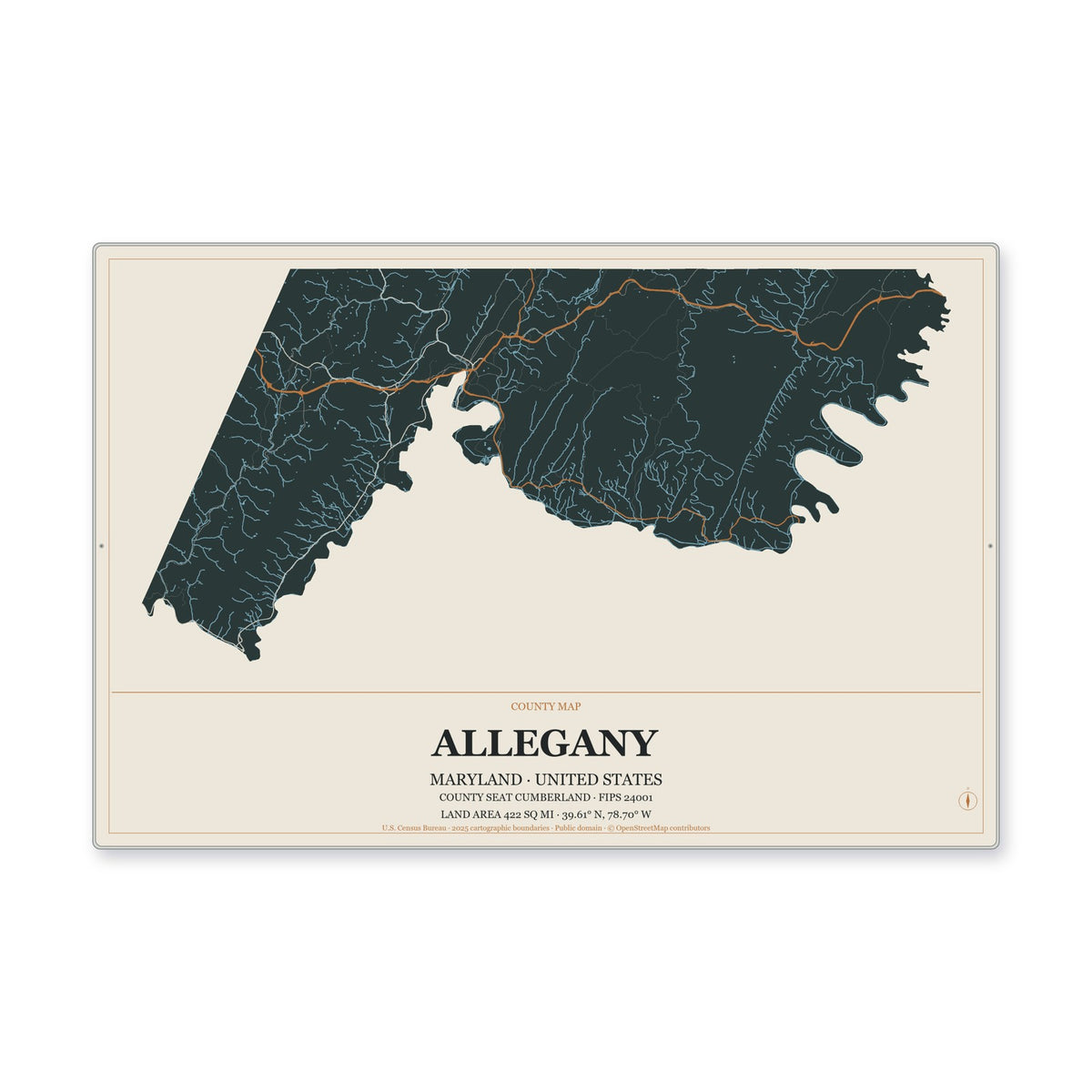 Allegany County, Maryland Map Aluminum Sign in Headline Atlas style