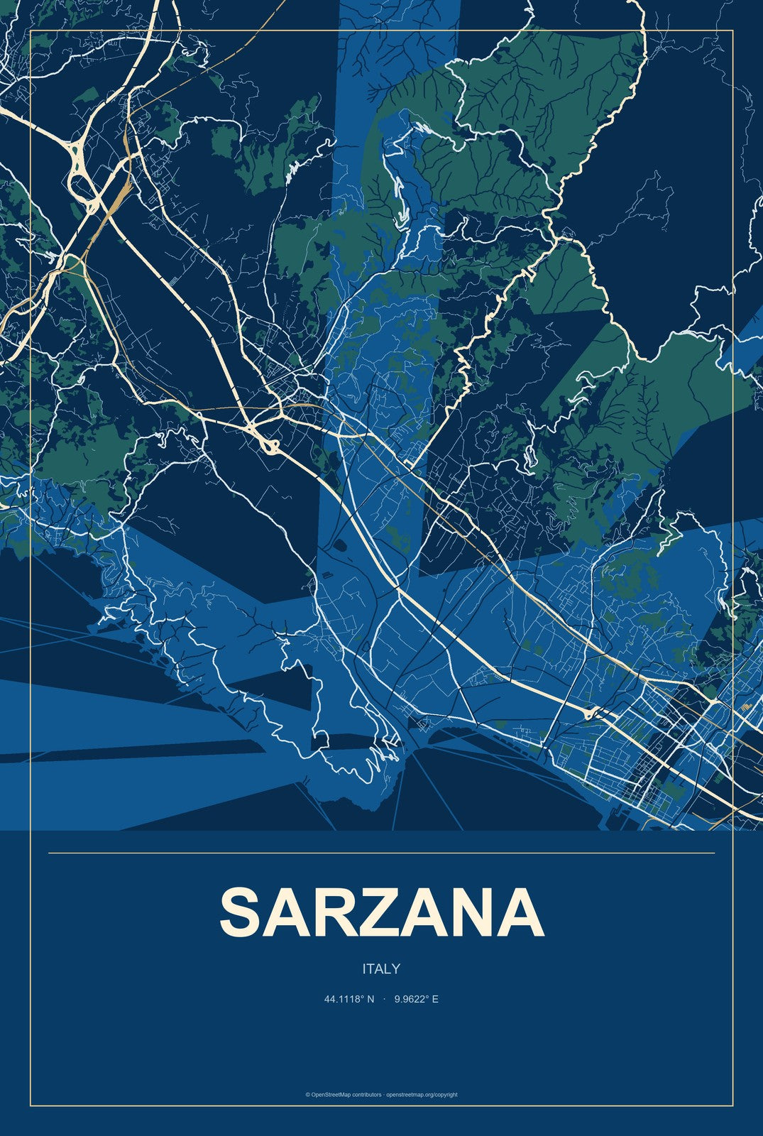 Sarzana, Italy City Map Aluminum Sign in Harbor Cobalt style