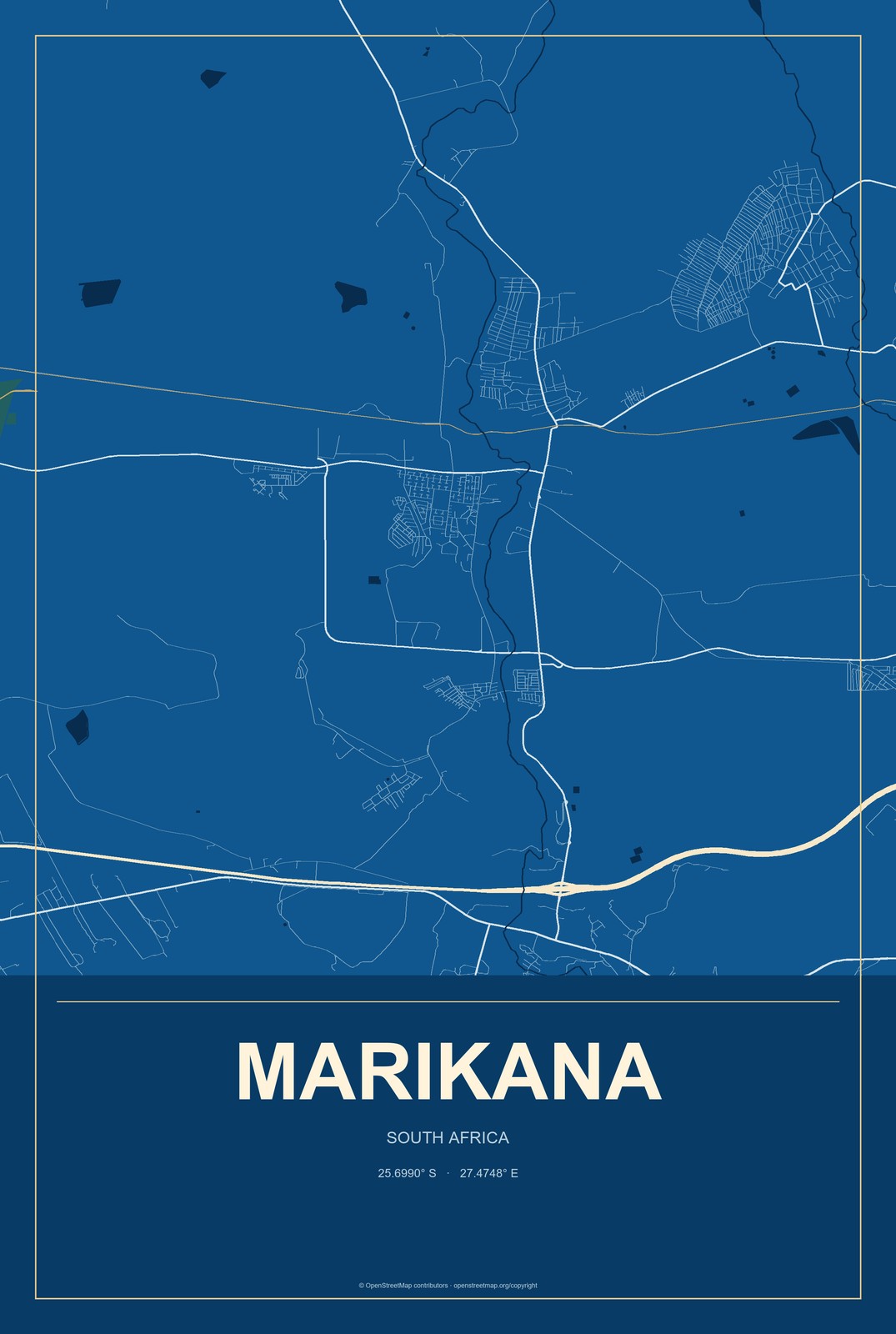 Marikana, South Africa City Map Aluminum Sign in Harbor Cobalt style
