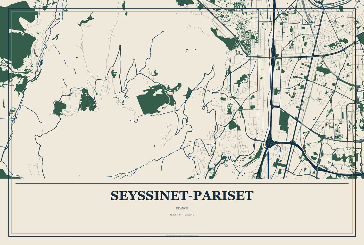 Seyssinet-Pariset, France City Map Aluminum Sign in Coastal Cutout style