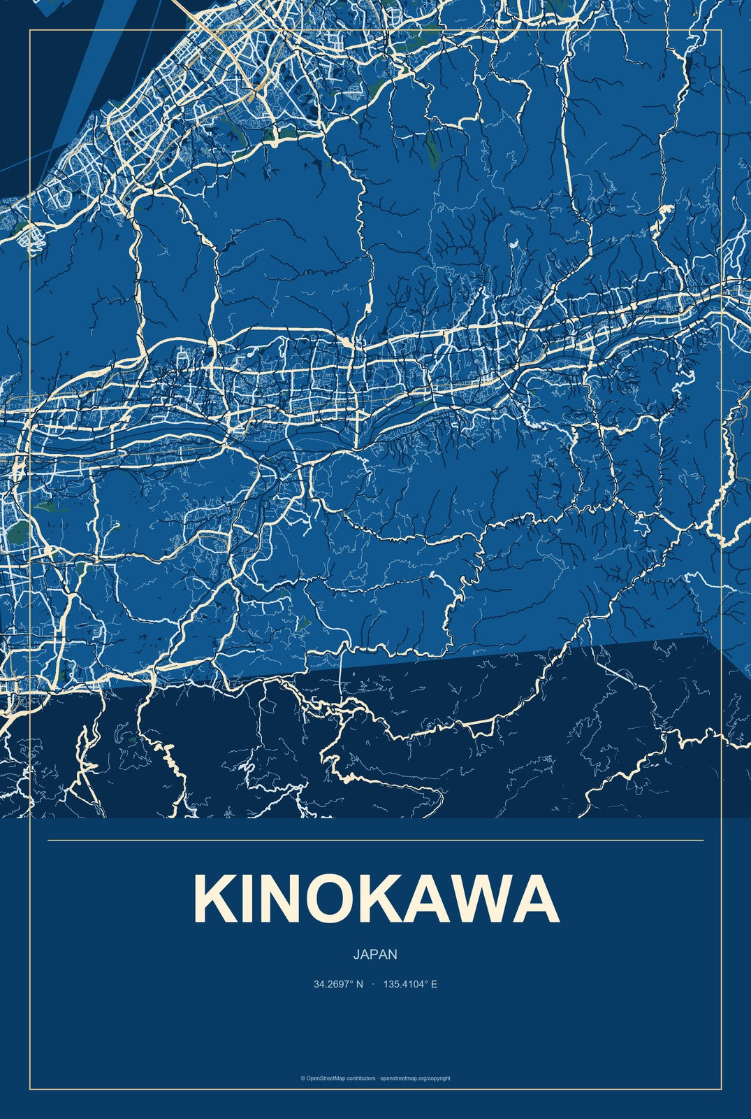Kinokawa, Japan City Map Aluminum Sign in Harbor Cobalt style