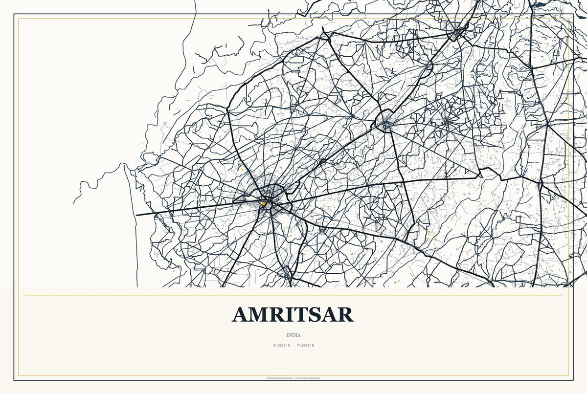 Amritsar, India City Map Aluminum Sign in Citrine Modern style