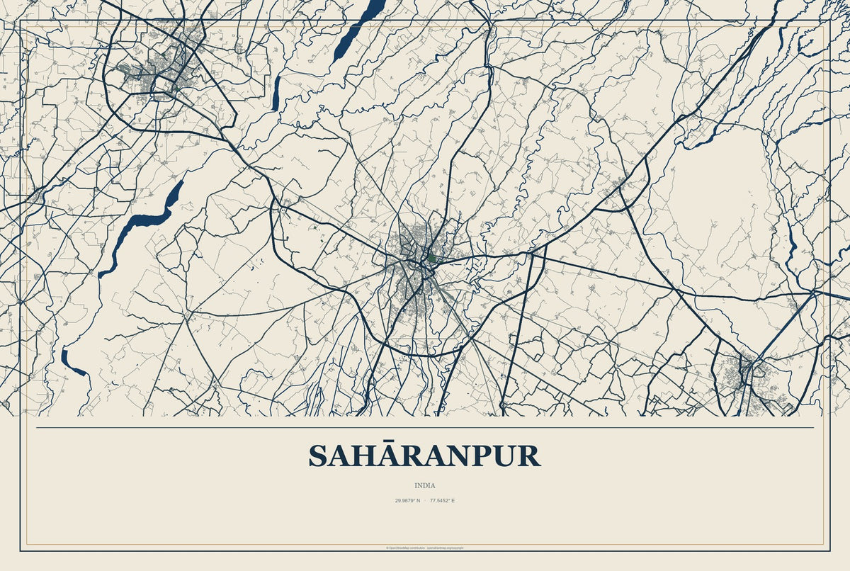 Sahāranpur, India City Map Aluminum Sign in Coastal Cutout style