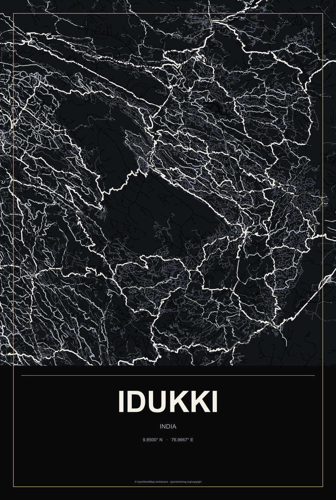 Idukki, India City Map Aluminum Sign in Metropolitan Noir style